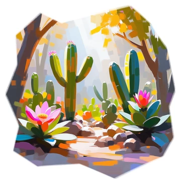 A dense jungle setting filled with oversized and whimsical cacti of various shapes and sizes. The cacti tower above the surrounding foliage, exhibiting vibrant colors such as bright greens, deep reds, and sunny yellows. Some cacti have unique, playful forms, like spirals and curves, while others boast large, blooming flowers in shades of pink and orange. The jungle floor is covered in rich, dark soil and a variety of tropical plants with large leaves. Sunlight filters through the thick canopy above, casting dappled light on the scene. In the background, hints of mist weave between the trees, adding depth to the lush environment.