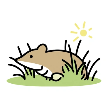 A small shrew with a pointed snout and tiny eyes is peeking out from a patch of lush green grass. The shrew has a soft, brown fur coat that blends with the earthy tones of the grass. Surrounding the shrew, the grass blades are tall and vibrant, creating a natural frame for the small creature. Dappled sunlight filters through nearby leaves, casting soft shadows across the ground, enhancing the scene's natural beauty.