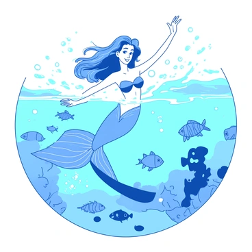 A whimsical underwater scene features a graceful mermaid named "Ariel" performing a ballet. Ariel has flowing hair that moves elegantly with the water currents. She is surrounded by vibrant, swirling fish in various shapes and sizes, adding liveliness to the composition. Bubbles rise from her movements, creating a dynamic atmosphere around her. The light filters through the water, casting shimmering patterns on Ariel's shimmering tail, enhancing the enchanting underwater environment.