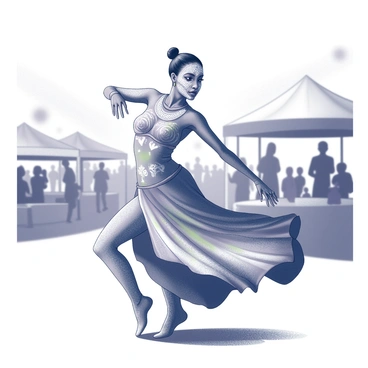 A dancer is performing at a lively festival. The dancer's face is adorned with intricate traditional cultural face paint, featuring bold patterns and designs. The performer is dressed in a colorful, flowing costume that adds movement to the dance. In the background, there are blurred silhouettes of spectators enjoying the festival atmosphere. The environment is filled with decorations and elements typical of a vibrant celebration, enhancing the festive mood.