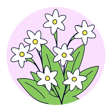 A cluster of edelweiss flowers with star-shaped white petals is depicted. Each flower is surrounded by lush green leaves, creating a natural contrast. The flowers are arranged in a gentle, yet distinct, manner, showcasing their delicate features. The background features soft pastel hues, blending harmoniously to enhance the beauty of the edelweiss flowers.