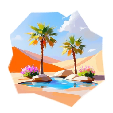 A vibrant oasis featuring a cluster of palm trees with lush green leaves, standing tall amidst the desert landscape. The oasis has a shimmering blue pond reflecting the sunlight, surrounded by patches of green grass and colorful wildflowers. Towering golden sand dunes rise majestically in the background, their curves and ridges creating a striking contrast with the vibrant greens of the oasis. Above, a clear blue sky stretches infinitely, with a few soft, wispy clouds floating gently. The overall scene captures the rich textures and colors of the desert environment.