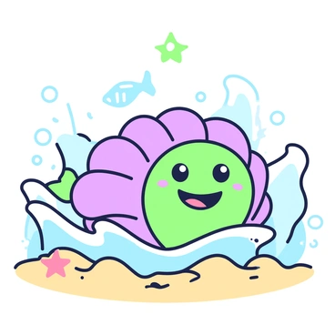 A cartoon clam with a cheerful face is nestled in a sandy ocean floor. The clam has a wide smile, with bright eyes gleaming with joy. Surrounding it are gentle ocean waves that create a sense of movement. Tiny bubbles rise from the waves, adding a playful element. In the background, other sea creatures, such as a small fish and a starfish, are visible, creating a lively underwater scene. The sunlight filters down through the water, creating a shimmering effect on the sandy bottom.