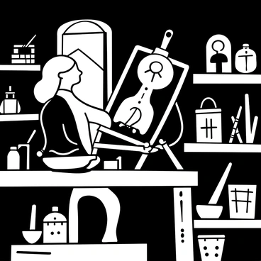 A Russian artist is focused on painting an icon on a wooden panel in a dimly-lit workshop. The artist is wearing a traditional smock and is surrounded by various painting tools and brushes. On the table, there are jars of paint and a palette with colors arranged meticulously. The workshop is filled with wooden shelves holding completed icons and art supplies. Soft light filters through a small window, casting gentle shadows around the room, enhancing the atmosphere of concentration and craftsmanship.