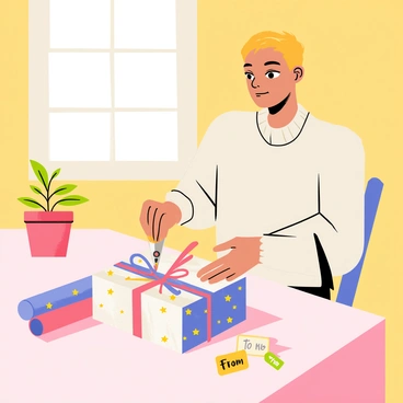 A thoughtful friend is in a cozy, warmly lit room, carefully wrapping a gift. The friend is wearing a light sweater and has a focused expression on their face. The gift is a small, beautifully wrapped box with shiny, colorful paper featuring stars and ribbons. The friend is using a pair of scissors and tape, ensuring every fold is perfect. Nearby, there are rolls of wrapping paper, and a few gift tags with "To" and "From" written in playful letters. A small potted plant sits on the table, adding a touch of greenery to the scene. The atmosphere conveys a sense of warmth and care.