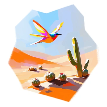 A vibrant "schmetterling" with colorful wings is flying gracefully over a vast desert landscape. Below, there are various "cacti" scattered across the sandy terrain, showcasing their distinct shapes and sizes. The desert is illuminated by warm sunlight, casting soft shadows on the ground. The background features rolling sand dunes, and a clear blue sky stretches above, creating a striking contrast with the earthy tones of the desert.