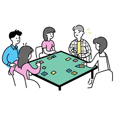 A square mahjong table covered with a green felt surface, featuring neatly arranged tiles in vibrant colors. There are four players seated around the table, each focusing on their tiles. To the left, a man with short black hair is wearing a blue shirt and is examining his hand of tiles. Across from him, a woman with long brown hair in a red top is placing a tile down. To the right, an older man in a checkered shirt leans forward with an intense expression. Next to him, a young woman in a white dress is smiling as she holds a tile, ready to play. Various tiles with intricate designs are visible, and the atmosphere is lively with engagement.