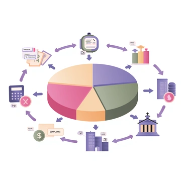 A digital flat illustration featuring an animated infographic about the basics of "GST." The infographic includes colorful icons representing various aspects of GST. There is a large, vibrant pie chart in the center, segmented into different colors showing tax distribution. Surrounding the pie chart are icons such as a calculator representing calculations, a shopping cart symbolizing purchases, and a bank building indicating financial institutions. There are arrows pointing between the icons to illustrate connections and processes, along with text bubbles containing key terms like "Input Tax Credit" and "Compliance." The overall layout is clear and organized, making the information easy to follow.
