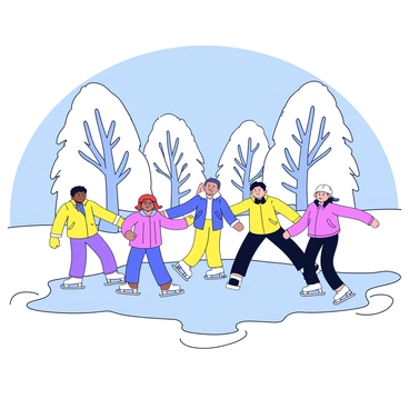 A group of people ice skating on a frozen pond. Some skaters are gliding gracefully, while others are laughing and helping each other balance. The pond is surrounded by tall, snow-covered trees with thick branches. Soft fluffy snow blankets the ground, adding a serene atmosphere to the scene. In the background, a clear blue sky contrasts with the white landscape.