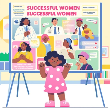 A young girl with curly black hair is standing in front of a large poster featuring diverse successful women in various professions. The girl is wearing a pink dress with white polka dots and has a curious expression on her face. The poster displays women of different ethnicities and attire, including a scientist in a lab coat, a firefighter in uniform, a doctor with a stethoscope, and an artist holding a paintbrush. Bright colors and inspirational quotes surround the images of the women, creating an engaging and empowering atmosphere. The setting is a bright classroom with colorful decorations on the walls.