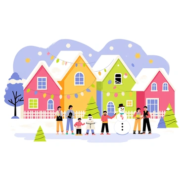 A cozy cartoon village with charming, colorful houses nestled together. Each house has a sloping roof covered in white snow. Strings of twinkling lights in various colors are draped across rooftops and along fences. Snow-covered trees are placed throughout the village, adorned with bright ornaments and more lights. In the foreground, a group of cheerful villagers in winter clothing are laughing and building a snowman. The sky is a soft gradient of twilight blue, adding to the festive atmosphere.
