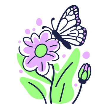 A butterfly with intricate wing patterns is perched on the edge of a blooming flower. The flower has soft petals that are fully open, revealing its vibrant center. The butterfly is just starting to spread its wings, showcasing its delicate features. Surrounding the flower are green leaves that add texture to the scene, and a few small buds are visible nearby. The background is softly blurred, emphasizing the butterfly and the flower at the forefront. The composition captures the moment of emergence and beauty in nature.