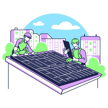 A group of engineers is installing solar panels on a sloped rooftop. Two engineers are lifting a solar panel into position, while another engineer is securing it with tools. They are wearing safety helmets and harnesses. The rooftop is covered in several solar panels aligned in rows. In the background, there are neighboring buildings, and above them, a clear blue sky is visible without any clouds. The sunlight creates defined shadows on the panels, emphasizing their structure and installation process.