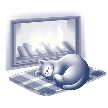 A cat is lying comfortably in front of a crackling fireplace. The cat is curled up, with its eyes closed, indicating relaxation. It is covered partially by a plaid blanket that adds texture to the scene. The fireplace has a warm glow, and flames can be seen flickering, casting light on the cat and the surrounding area. The floor is visible, and the warmth from the fire creates a cozy atmosphere.