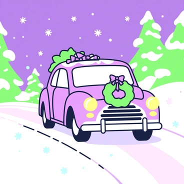 A car is driving away on a snow-covered road during the evening. The car is adorned with festive decorations, including green and purple ribbons tied to the antenna and a wreath attached to the front grille. Snowflakes are gently falling, creating a soft blanket of snow on the ground. In the background, there are trees dusted with snow, illuminated by warm lights. The glow of the car's headlights cuts through the snowy darkness, highlighting the cheerful scene.