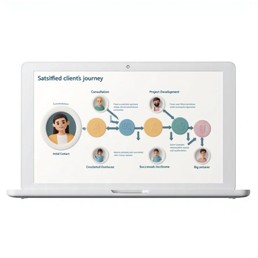 A large screen displaying an animated infographic. The infographic contains a flowchart illustrating a satisfied client's journey. The journey begins with a smiling client at the start, labeled "Initial Contact." Arrows lead to various stages, including "Consultation," where a friendly consultant is shown, and "Project Development," featuring a collaborative team working together. The end of the journey shows the client with a big smile, labeled "Successful Outcome." Colorful icons and brief descriptions accompany each stage, enhancing the visual storytelling aspect.