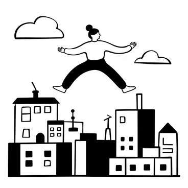 A figure in a dynamic pose leaping between two rooftops. The figure is outlined in black and white, showcasing athleticism and movement. Below, a sprawling cityscape features various buildings, including skyscrapers and smaller structures. Clouds drift in the sky above the scene, adding depth to the urban environment. The rooftops have distinct architectural features, with chimneys and antennas visible. The overall scene conveys a sense of height and adventure.