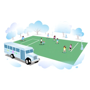 A white school bus is parked beside a sports field, with its doors open. The bus has bright school colors displayed on it. On the field, several students are wearing team uniforms in various colors, some are practicing while others are cheering. Nearby, a large scoreboard displays the score of a game, and there are goal posts at both ends of the field. A few trees are visible in the background, adding a natural setting to the scene.