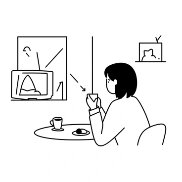 A woman sitting at a round table, holding a coffee cup with both hands. She has shoulder-length hair and is wearing a cozy sweater. In front of her, there is a television mounted on the wall, displaying the morning news. The kitchen is simple, with a window showing the outlines of trees outside. A small plate with a pastry is placed on the table next to her coffee cup. The woman's expression is focused as she watches the screen attentively.