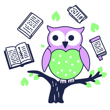 An owl with large, round eyes is perched on a thick branch of a tree. The branch is textured with rough bark, and green leaves are scattered around it. Surrounding the owl, several books and scrolls are floating in the air. The books are various sizes, some open with visible pages, while the scrolls are partially unrolled, displaying ancient text and illustrations. The owl looks intently at the books, giving an impression of curiosity and wisdom.