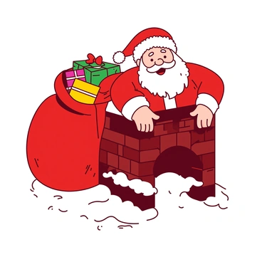 Santa Claus, dressed in a red suit with white fur trim, is squeezing through a narrow chimney. His round face is visible, sporting a white beard and a cheerful expression. A large, bulging red sack filled with brightly wrapped presents is slung over one shoulder. The sack is decorated with green ribbons and bows, and its contents are spilling out slightly, revealing colorful gift boxes. The brick chimney is textured, and snow can be seen gathered around its base, creating a festive winter atmosphere.