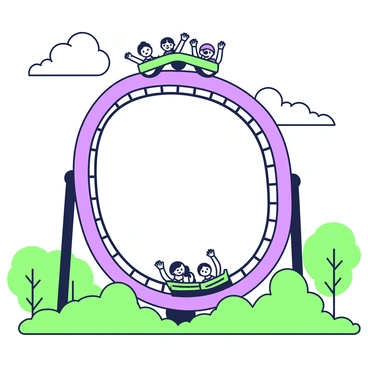 A roller coaster is soaring through the air, performing a loop-de-loop. The tracks curve dramatically, showcasing the engineering of the ride. The coaster cars are filled with riders, all raising their hands in excitement. Their facial expressions reflect thrill and joy as they navigate the loop. In the background, there are trees lining the sides of the ride, and a clear sky above adds to the exhilarating atmosphere.