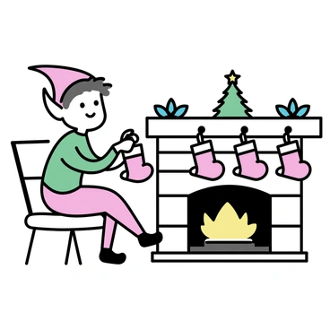 An elf with pointy ears and a green tunic is sitting on a wooden chair next to a cozy fireplace. The fireplace is made of stone, with flames gently flickering and casting a warm glow. The elf is carefully hanging red and white stockings on a mantle above the fireplace. The stockings are decorated with festive patterns. The surrounding area has simple decorations, such as sprigs of holly and a small Christmas tree in the background.