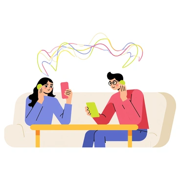 Two people engaged in a phone call are depicted, each holding a smartphone to their ear. One person is a woman with long brown hair, wearing a blue shirt, sitting on a cozy couch. The other person is a man with short black hair, wearing glasses and a red sweater, sitting at a wooden table. Above their heads, colorful visual sound waves are illustrated, emanating from the phones and intertwining in the air, showcasing the connection between them.