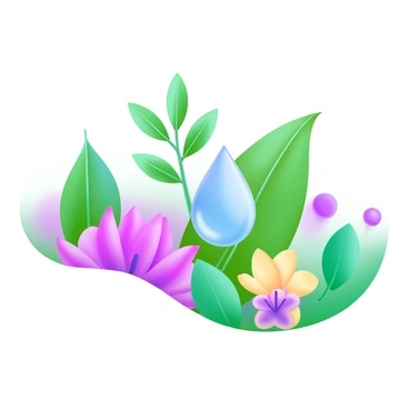 A modern pastel illustration featuring a harmonious arrangement of various natural elements. There are vibrant green leaves in different shapes and sizes, along with colorful flowers in shades of pink, yellow, and purple. A clear blue water droplet is positioned among the foliage, reflecting light. The background consists of soft pastel colors blending gently together, enhancing the beauty of the natural elements.