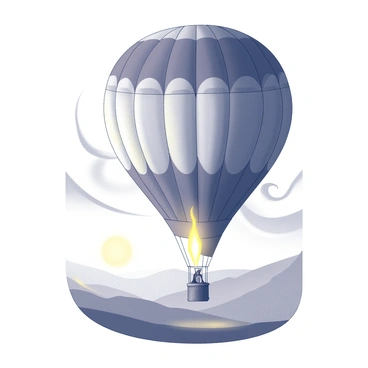 A hot air balloon is anchored to the ground as its flame shoots upward, igniting the air below the balloon's fabric. The balloon is beginning to lift off, with vibrant patterns adorning its surface. In the background, the sun is just rising above the horizon, casting a soft light that creates a dramatic contrast between the darkening sky and the lightening atmosphere. The landscape below is visible, hinting at valleys and hills that stretch out under the balloon. Smoke trails from the flame accentuate the ascent, adding a dynamic element to the scene.
