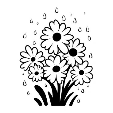 A cluster of daisies with intricate petal details, each petal adorned with glistening raindrops. The daisies are set against a backdrop of soft, cascading rain droplets falling gently. The scene captures the delicate textures of the petals, highlighting the contrast between the organic shapes of the flowers and the smooth, rounded raindrops. The arrangement creates a harmonious composition that emphasizes the beauty of nature in a light rain.