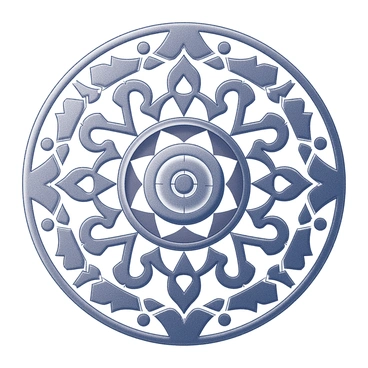 A detailed mandala composed of intricate geometric shapes and patterns. The design incorporates various traditional cultural symbols, arranged symmetrically around a central point. Each section of the mandala features repeating motifs, including floral elements and spirals. The lines are bold and uniform, creating a sense of harmony and balance throughout the composition. The overall structure is circular, emphasizing the interconnectedness of the patterns and symbols.