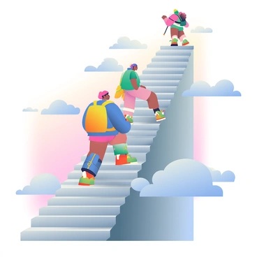 A group of climbers with diverse appearances is ascending an impossibly endless staircase that stretches into the clouds. The staircase is made of gray stone, with intricate carvings along the edges, and appears to vanish into the mist above. Each climber is dressed in colorful outdoor gear, such as bright jackets and sturdy hiking boots, as they carefully place their feet on the next step. The atmosphere is filled with a sense of determination, as one climber pauses to look back, revealing a look of awe on their face. The sky surrounding the staircase is a soft blend of pastel colors, transitioning from light blue to pale pink, giving the scene an ethereal quality.