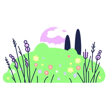 A lush meadow is stretching across the landscape, filled with a variety of wildflowers. The wildflowers include clusters of yellow, red, and blue blooms scattered throughout the meadow. Tall grasses sway gently in the breeze, towering above the flowers. In the background, a few trees stand, their trunks rising above the grassy expanse. A clear sky can be seen above, as the sunlight casts light across the scene.