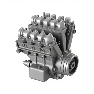 A detailed cutaway illustration of a motorcycle engine, revealing the internal mechanics. The engine block is metallic gray, showcasing a complex arrangement of pistons connected to crankshafts. The pistons are silver with cylindrical shapes, and the crankshaft is intricately designed with a series of grooves. Surrounding the pistons are various components including valves, fuel injectors, and spark plugs, all labeled for clarity. The cutaway view reveals the inner workings, displaying the intake and exhaust ports along with oil passages. The background is neutral to emphasize the engine's details.