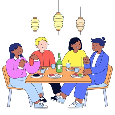 A cozy interior scene featuring a group of four friends sitting around a wooden table. The table is set with several small ceramic cups filled with sake. Each friend is engaged in conversation, with smiles on their faces. The atmosphere is warm, highlighted by soft lighting from hanging lanterns above. There are small plates of appetizers, such as sushi and rice snacks, arranged on the table. A decorative sake bottle is placed in the center, adding to the ambiance of the tasting event.