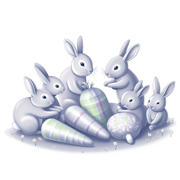 A group of rabbits is gathered around a large pile of carrots. Each carrot is uniquely shaped and decorated with intricate patterns resembling Easter eggs. The rabbits display various poses: some are sitting and nibbling, while others are standing on their hind legs, curiously inspecting the colorful carrots. The scene is lively, with a few rabbits playfully interacting with each other. The background features soft grass and a few scattered wildflowers, adding to the playful atmosphere of the gathering.
