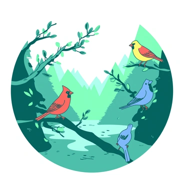 A teal and white forest is illuminated by soft morning light. A variety of birds are perched on branches, including a bright yellow canary, a red cardinal, and a bluejay. Each bird is singing, their beaks open and feathers fluffed in the cool air. The branches are adorned with small green leaves, and the forest floor is covered in fresh dew, reflecting the early morning light. In the background, hints of distant trees fade into the misty atmosphere, creating a serene ambiance.