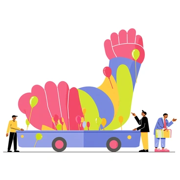 A parade float shaped like a giant foot constructed entirely of colorful balloons. The foot features a vibrant mix of red, blue, yellow, and green balloons, intricately tied together to form the structure. The toes are exaggerated and rounded, each adorned with smaller balloons in various shades. The float is mounted on a platform with wheels, allowing it to move smoothly through the parade. Streamers in bright colors cascade from the sides of the float, adding to the festive atmosphere. Spectators are gathered around, some smiling and pointing at the unique creation.