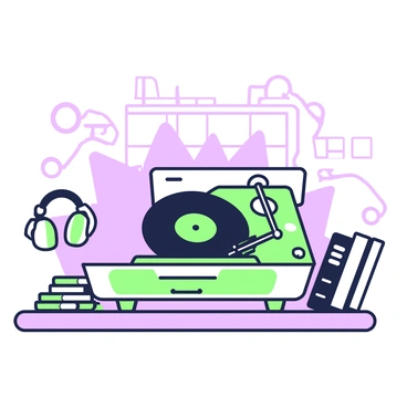 A vintage record player is placed on a wooden table. The record player has a shiny metallic arm gently resting on an old vinyl record that is spinning. The record has visible grooves and labels, capturing the essence of classic music. Surrounding the record player, there are small decorative items such as a pair of old-fashioned headphones and a stack of vintage records leaning against the table. In the background, faint outlines of a cozy room are visible, suggesting a warm atmosphere filled with nostalgia.