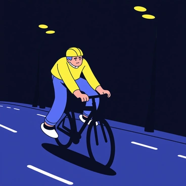 A cyclist losing control on a dark road, illuminated only by street lamps