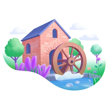 An old brick mill with a wooden waterwheel by a stream