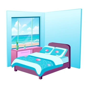 A 3D bedroom with "light blue walls" and "ocean-themed decor" that features "seashells" and "wave patterns" on the covers. The room is furnished with a "large bed" with a "white and blue comforter" and "matching pillows." A "wooden dresser" sits against one wall, adorned with "beach-themed knick-knacks." The window reveals a "stunning view of the beach," with "soft sand" and "gentle waves" visible outside. The light coming through the window creates a "bright and airy atmosphere" within the room.