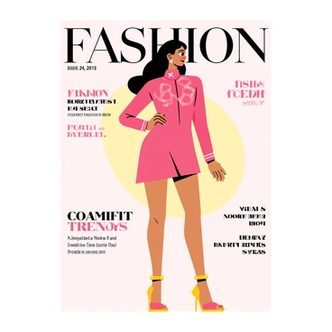 A fashion magazine cover featuring a striking model standing confidently in the center. The model has long, flowing hair styled elegantly. She is wearing a bold outfit, consisting of a vibrant red dress with unique geometric patterns. The background is a gradient of soft pastel colors, enhancing the model's presence. The magazine title is positioned at the top in large, stylish font, with the date and issue number displayed in smaller text at the bottom. The cover also includes a few eye-catching headlines related to fashion trends in small, bold font.