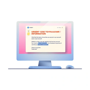 A computer screen is positioned in the center of the image, showcasing a clear view of an email application. The screen displays an email with the subject line "Urgent: Update Your Account Information" in bold lettering. The body of the email contains text with warning signs, including phrases like "Click the link below to secure your account." A suspicious hyperlink is highlighted in blue, underlined, and clearly visible. The background of the screen features a soft, gradient color that contrasts with the text, drawing attention to the email's content. The computer itself is a sleek, modern model, sitting on a light-colored desk accompanied by a simple keyboard and mouse.