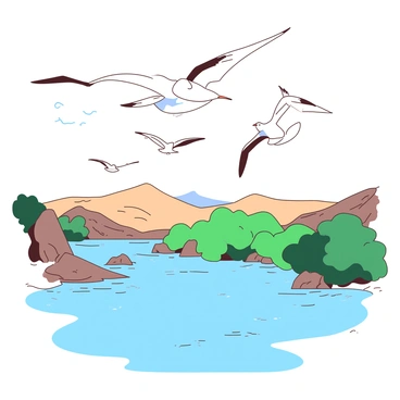 A group of migratory birds is flying in a V formation over the Euphrates River. The birds have distinct markings that highlight their wings as they soar through the sky. The river below is flowing smoothly, reflecting the colors of the sky. On the riverbanks, lush greenery can be seen, along with occasional rocky outcrops. The scene captures the movement of the birds as they travel over the tranquil water during their seasonal journey.