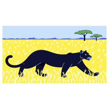 A black panther with sleek fur and sharp eyes is stalking its prey in a field of golden grasses. The panther is crouched low, blending into the landscape, with its muscular body poised and ready to pounce. Around the panther, the tall grasses sway gently in the wind, creating a sea of gold that reflects the sunlight. In the distance, a few acacia trees stand against a clear blue sky, completing the scene on the savannah.