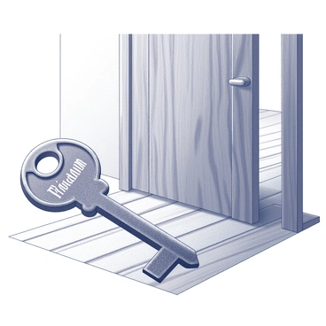 A large, ornate key rests on a wooden floor. The key is intricately designed, featuring elaborate engravings and a prominent handle. Next to the key, there is an unlocked door that stands slightly ajar, revealing a glimpse of the space beyond. The door is made of heavy wood, showcasing a rich texture with natural grain patterns. The scene conveys a sense of anticipation and opportunity, emphasizing the significance of the key labeled "Freedom."