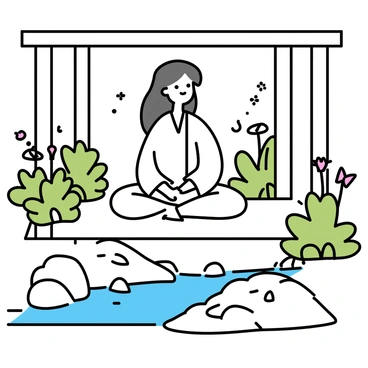 A person sitting cross-legged on a smooth stone floor inside a garden pavilion. The individual has long hair and wears a flowing white robe. Surrounding them are lush green plants and delicate flowers, with sunlight filtering through the open sides of the pavilion. In the foreground, a gentle stream flows over smooth pebbles, creating soft rippling sounds. The serene atmosphere is enhanced by the presence of nearby stones and a few butterflies fluttering around the flowers.