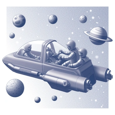 A group of adventurers is in a small spaceship, floating through a vast cosmic scene. The spaceship is equipped with large windows, showcasing the surrounding stars in a dense formation. Each adventurer is visible inside the ship, wearing space suits and engaged in various activities, such as piloting the ship, checking instruments, or looking out the windows. The scene is filled with numerous planets in different sizes and shapes, each displaying unique surface features. Some of the planets are textured, while others appear smooth, contributing to the diversity of the cosmic environment.